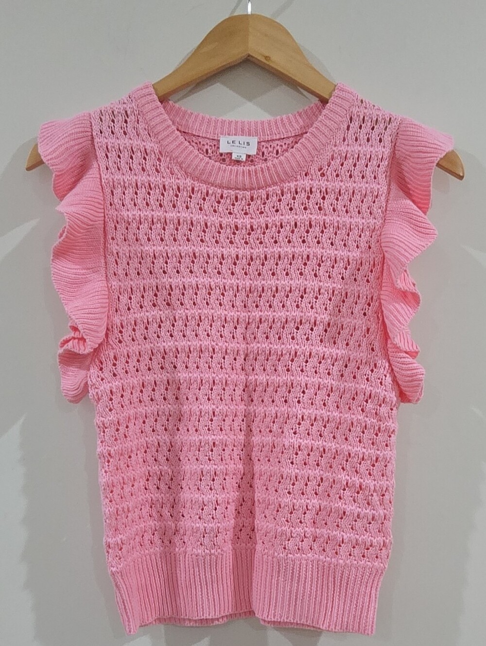 Coquette Le Lis Pink Open-Knit Cotton Ruffle Sleeve Crew Neck Pullover  XS